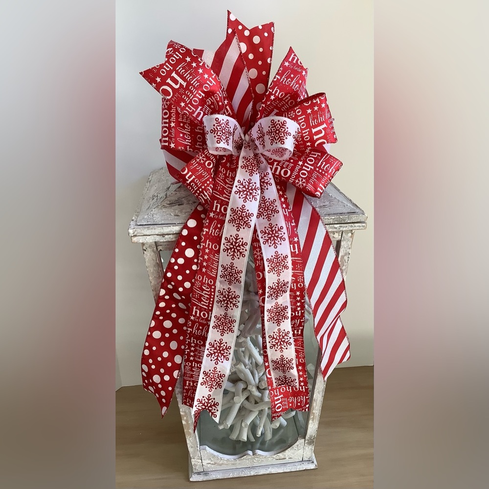 Red & White Xmas Snowflake Bow, Wreath Bow, Wreath Accent, Lantern Bow, Xmas Bow